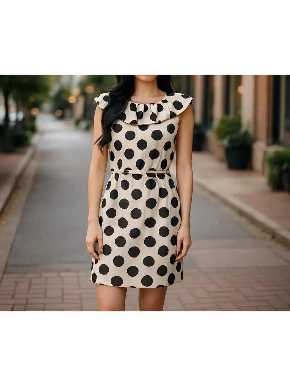 Kate Spade dress 100% silk ruffle collar belted polka dot sheath brown cream 6